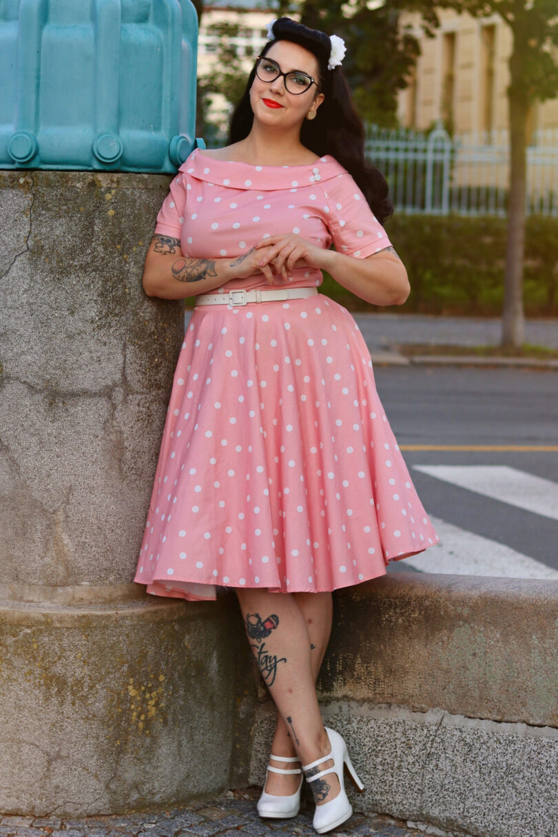 Darlene White Polka Dot Dress In Baby Pink  Shop now at Kitty Darling