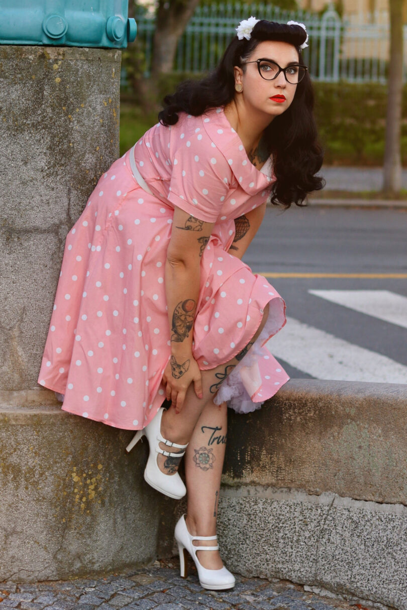 Darlene White Polka Dot Dress In Baby Pink  Shop now at Kitty Darling