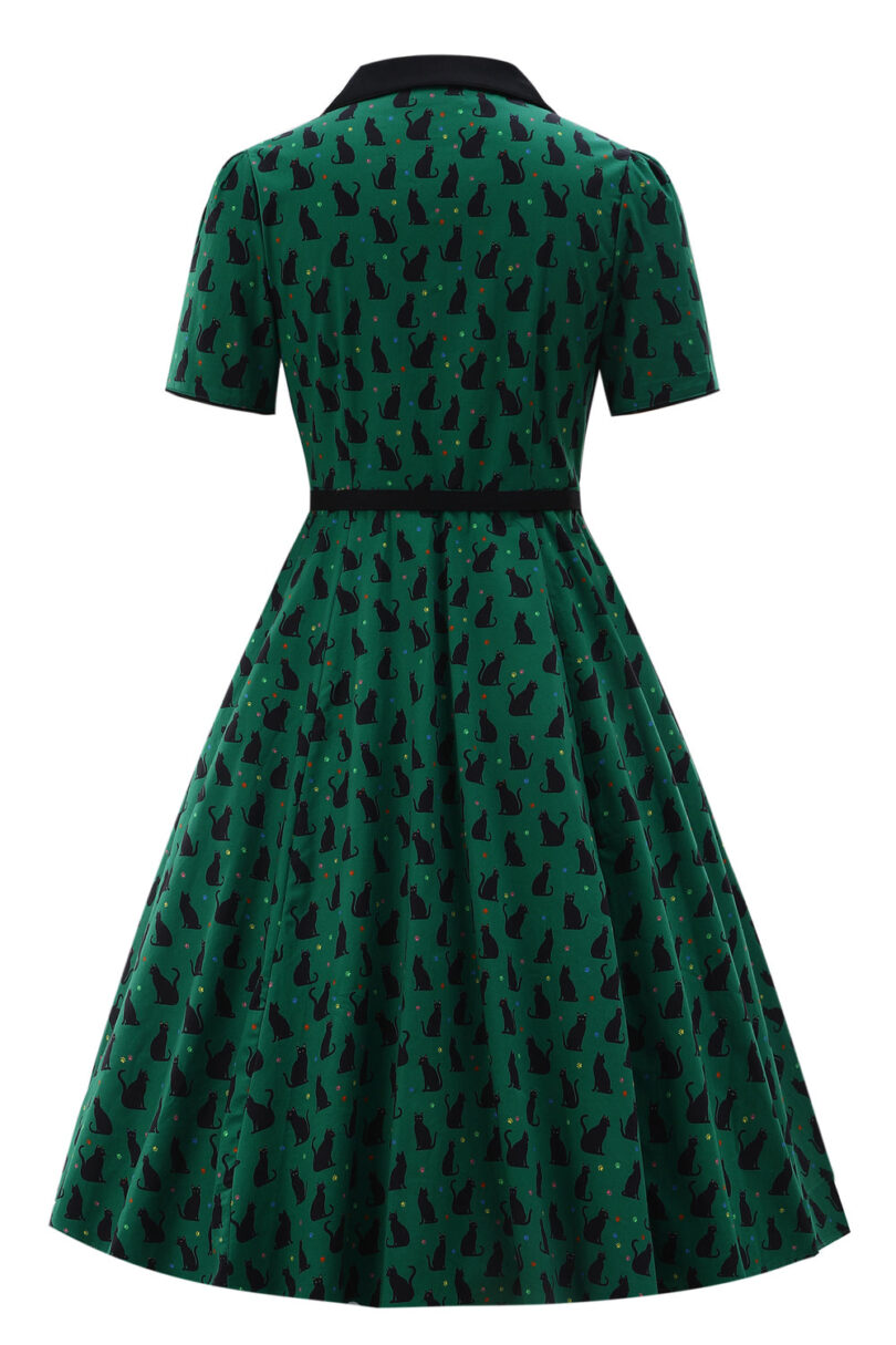 Penelope II Green Rockabilly Black Cat Print Shirt Dress  Shop now at Kitty Darling