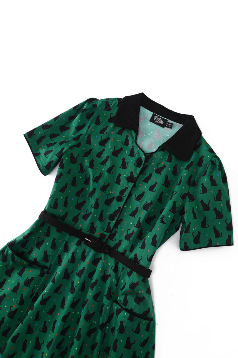 Penelope II Green Rockabilly Black Cat Print Shirt Dress  Shop now at Kitty Darling