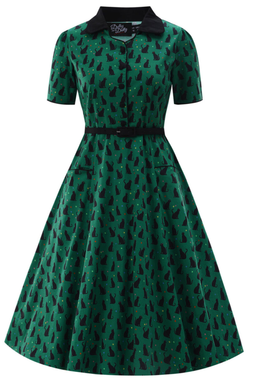 Penelope II Green Rockabilly Black Cat Print Shirt Dress  Shop now at Kitty Darling