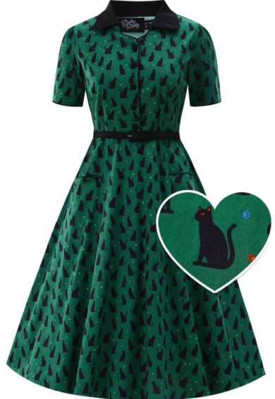Penelope II Green Rockabilly Black Cat Print Shirt Dress – Dresses | Kitty Darling