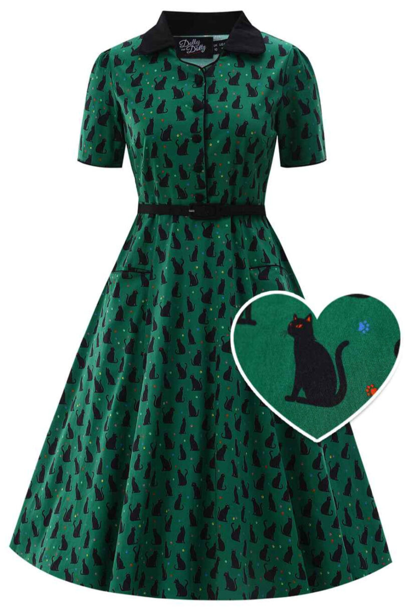Penelope II Green Rockabilly Black Cat Print Shirt Dress  Shop now at Kitty Darling