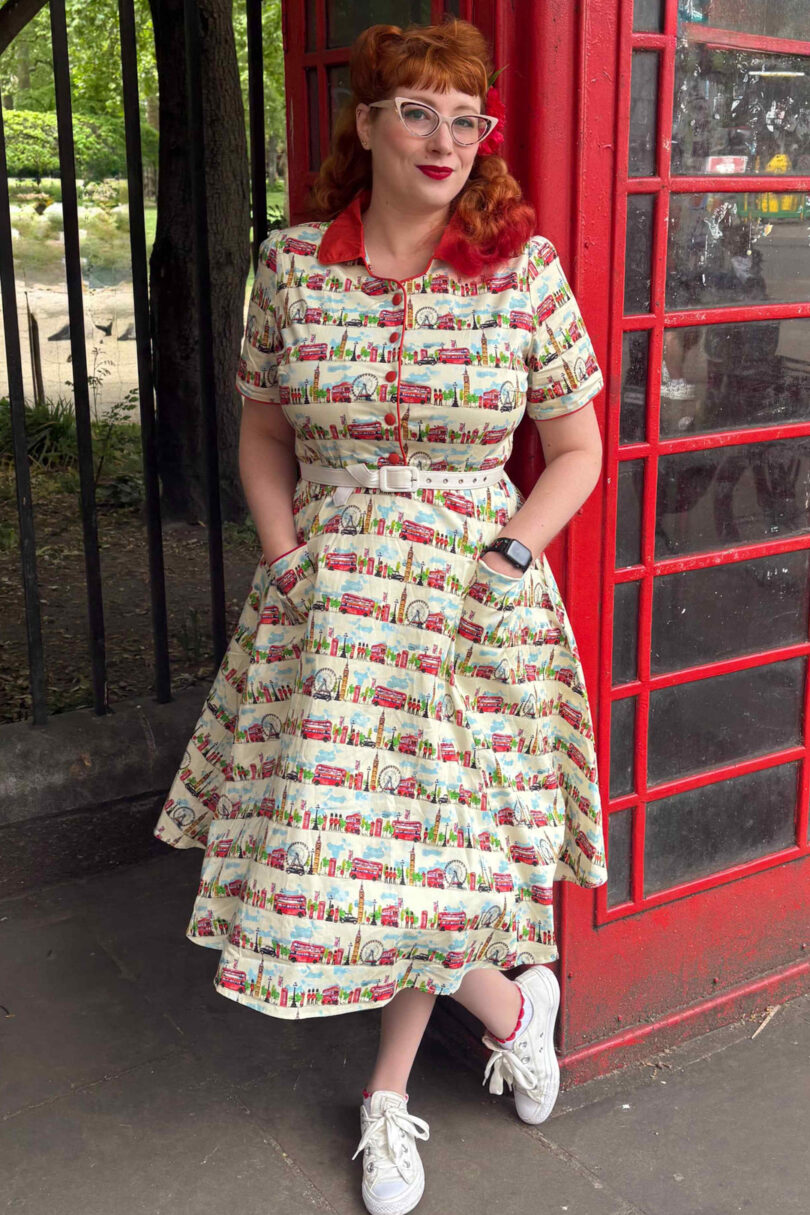 Penelope II White Rockabilly London Landmark Print Shirt Dress  Shop now at Kitty Darling