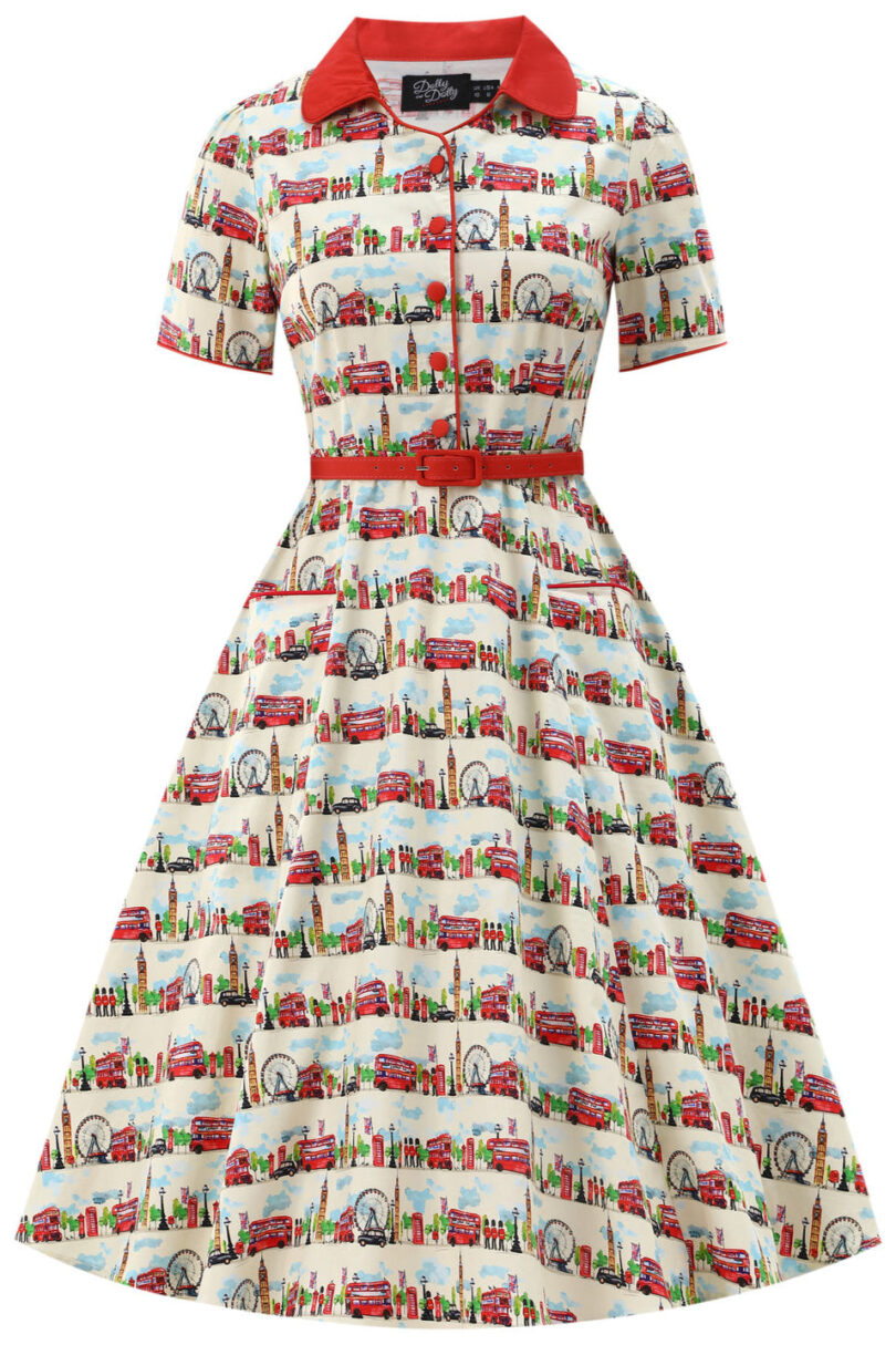Penelope II White Rockabilly London Landmark Print Shirt Dress  Shop now at Kitty Darling
