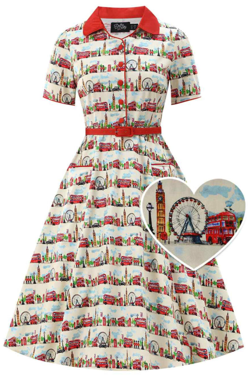 Penelope II White Rockabilly London Landmark Print Shirt Dress  Shop now at Kitty Darling
