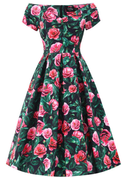 Lily Pink Camellia Off Shoulder Dress In Black – Dresses | Kitty Darling