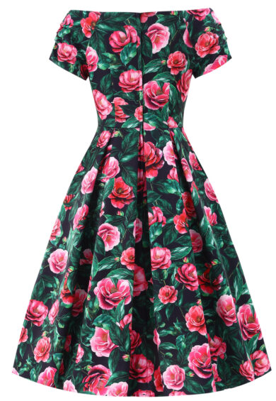 Lily Pink Camellia Off Shoulder Dress In Black – Dresses | Kitty Darling