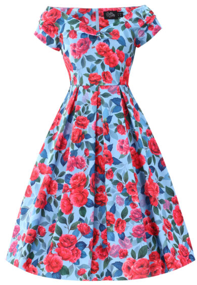 Lily Pink Peony Off Shoulder Dress In Blue – Dresses | Kitty Darling