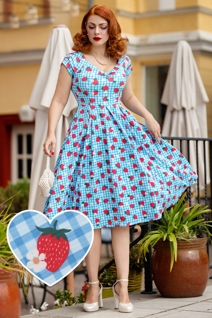 Lily Summer Strawberry Blue Gingham Dress