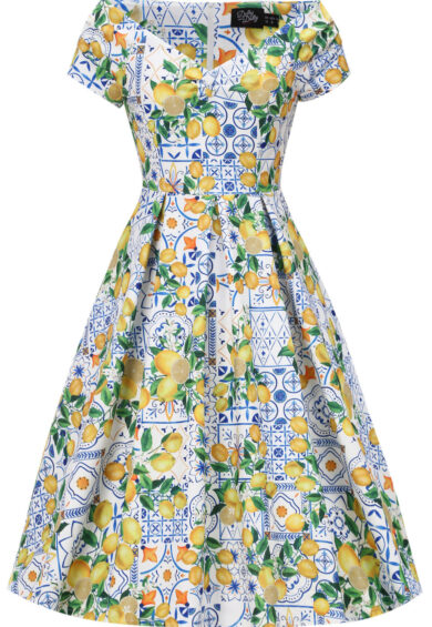 Lily Light Blue Off Shoulder 50s Inspired Mediterranean Lemon Print Dress – Dresses | Kitty Darling