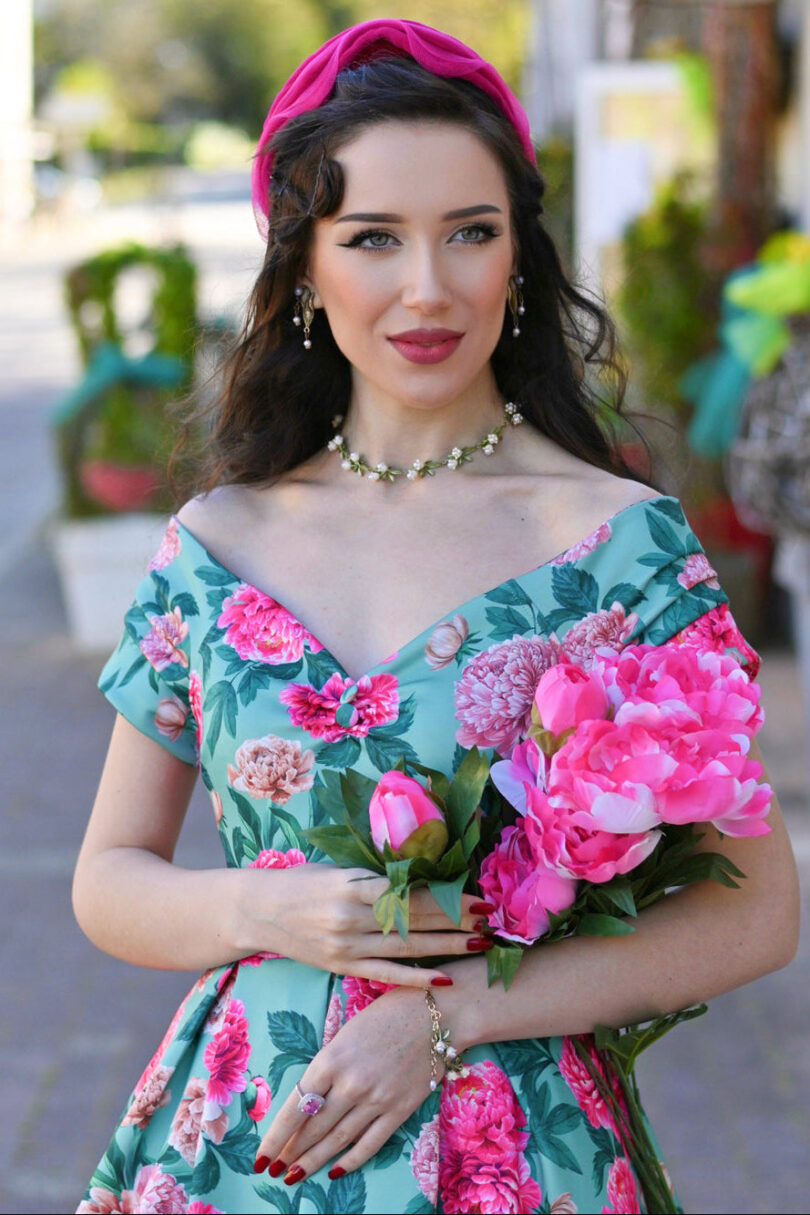Lily Mint Off Shoulder 50s Inspired Pink Peony Print Dress  Shop now at Kitty Darling