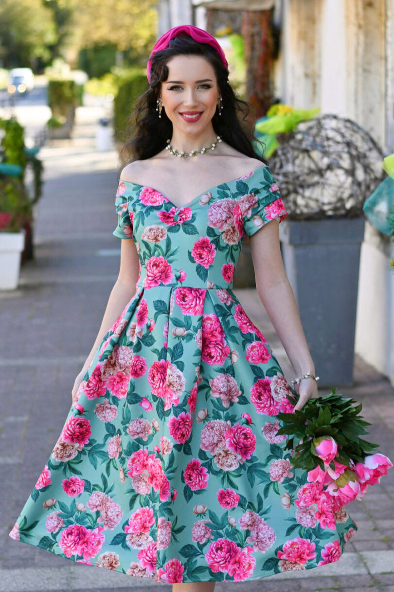 Lily Mint Off Shoulder 50s Inspired Pink Peony Print Dress  Shop now at Kitty Darling