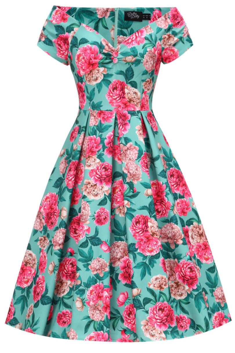 Lily Mint Off Shoulder 50s Inspired Pink Peony Print Dress  Shop now at Kitty Darling