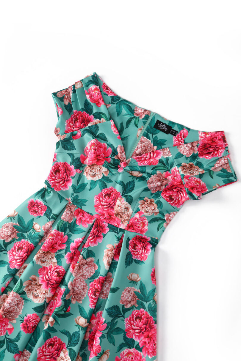 Lily Mint Off Shoulder 50s Inspired Pink Peony Print Dress  Shop now at Kitty Darling
