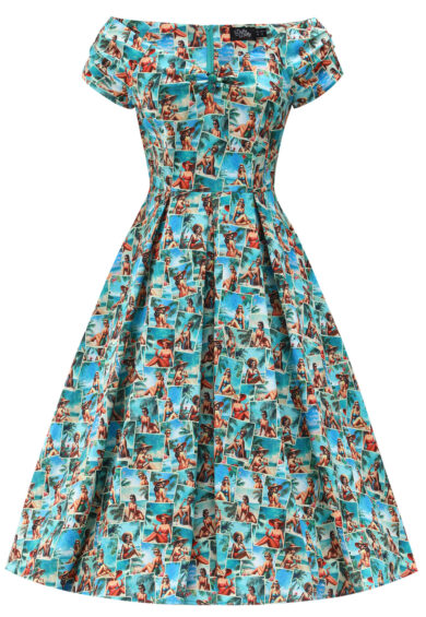 Lily Pinup Postcard Off Shoulder Dress – Dresses | Kitty Darling
