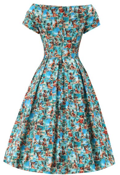 Lily Pinup Postcard Off Shoulder Dress – Dresses | Kitty Darling