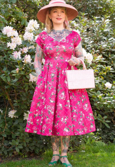 Lily Pink Off Shoulder 50s Inspired Rose Grid Print Dress – Dresses | Kitty Darling