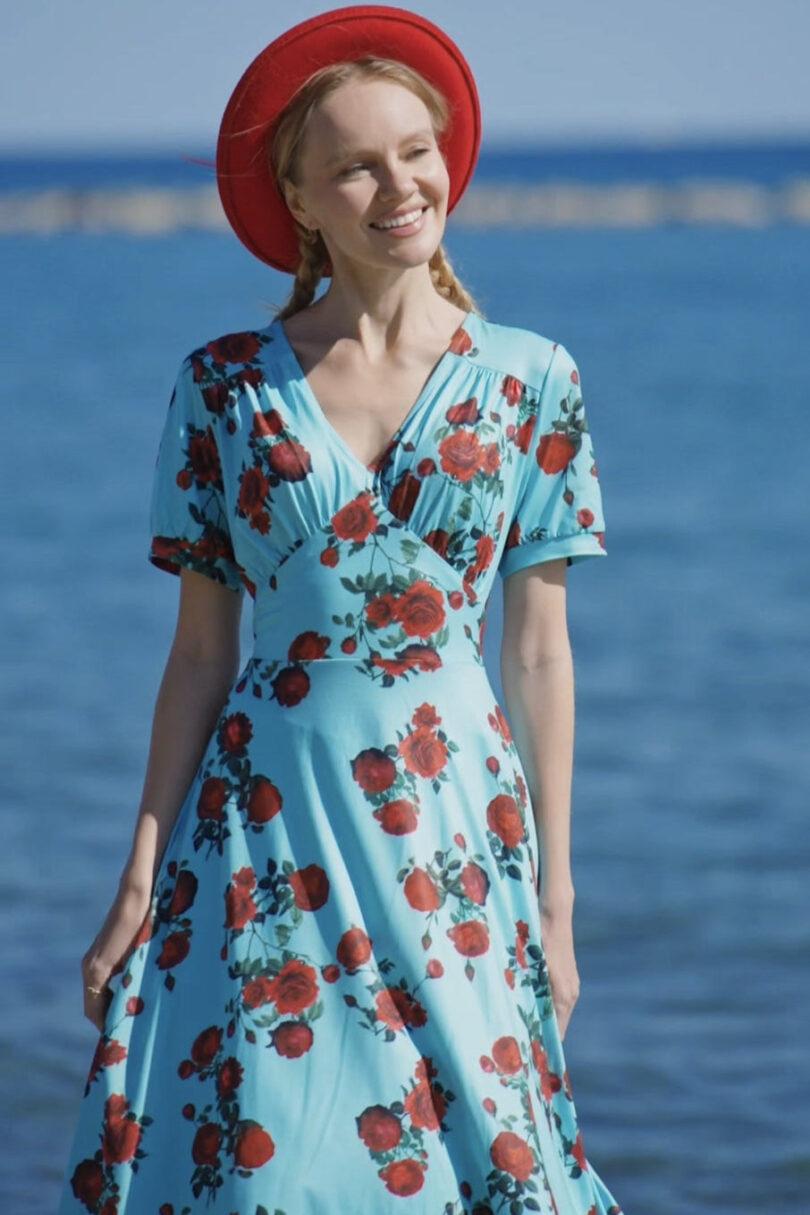 Julia Turquoise Rose Print Dress  Shop now at Kitty Darling