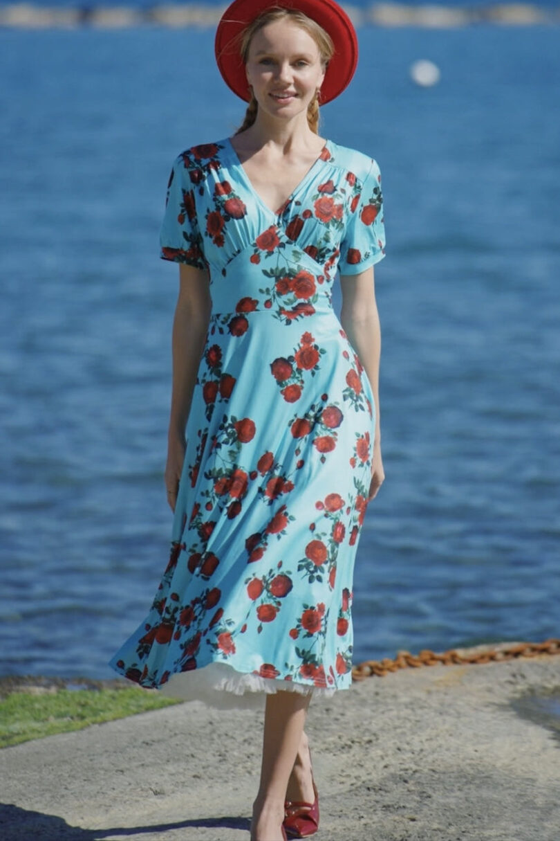 Julia Turquoise Rose Print Dress  Shop now at Kitty Darling