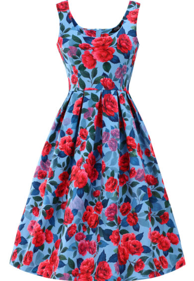 Amanda Pink Peony Flared Dress In Blue – Dresses | Kitty Darling