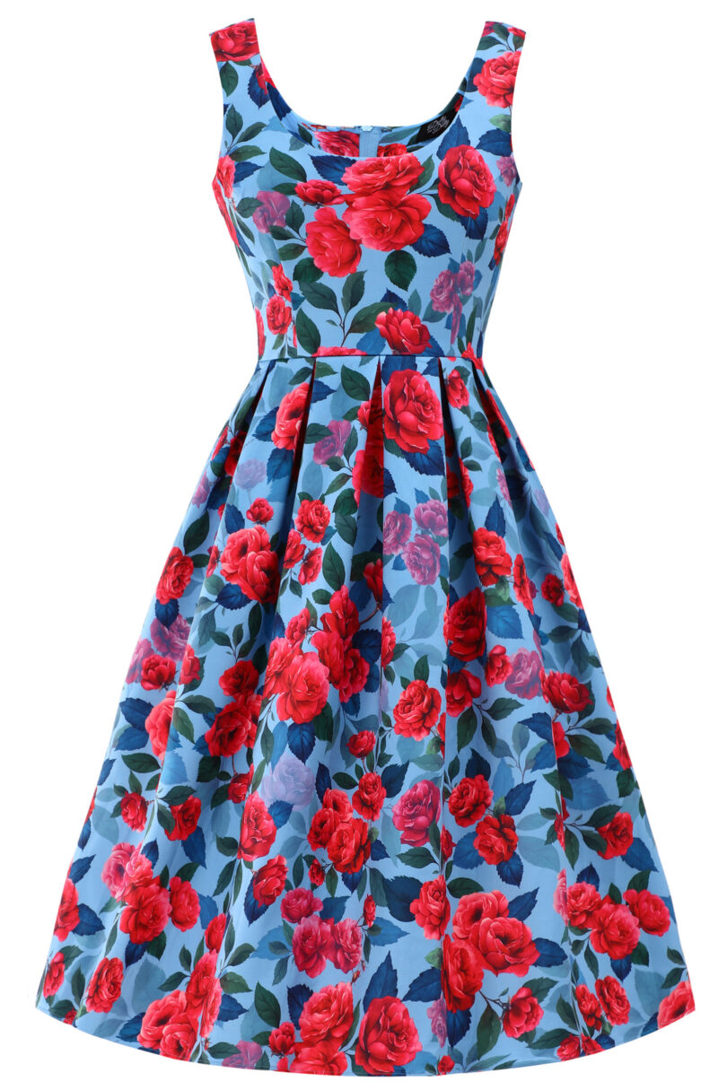 Amanda Pink Peony Flared Dress In Blue  Shop now at Kitty Darling