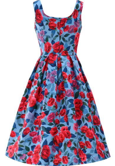 Amanda Pink Peony Flared Dress In Blue – Dresses | Kitty Darling