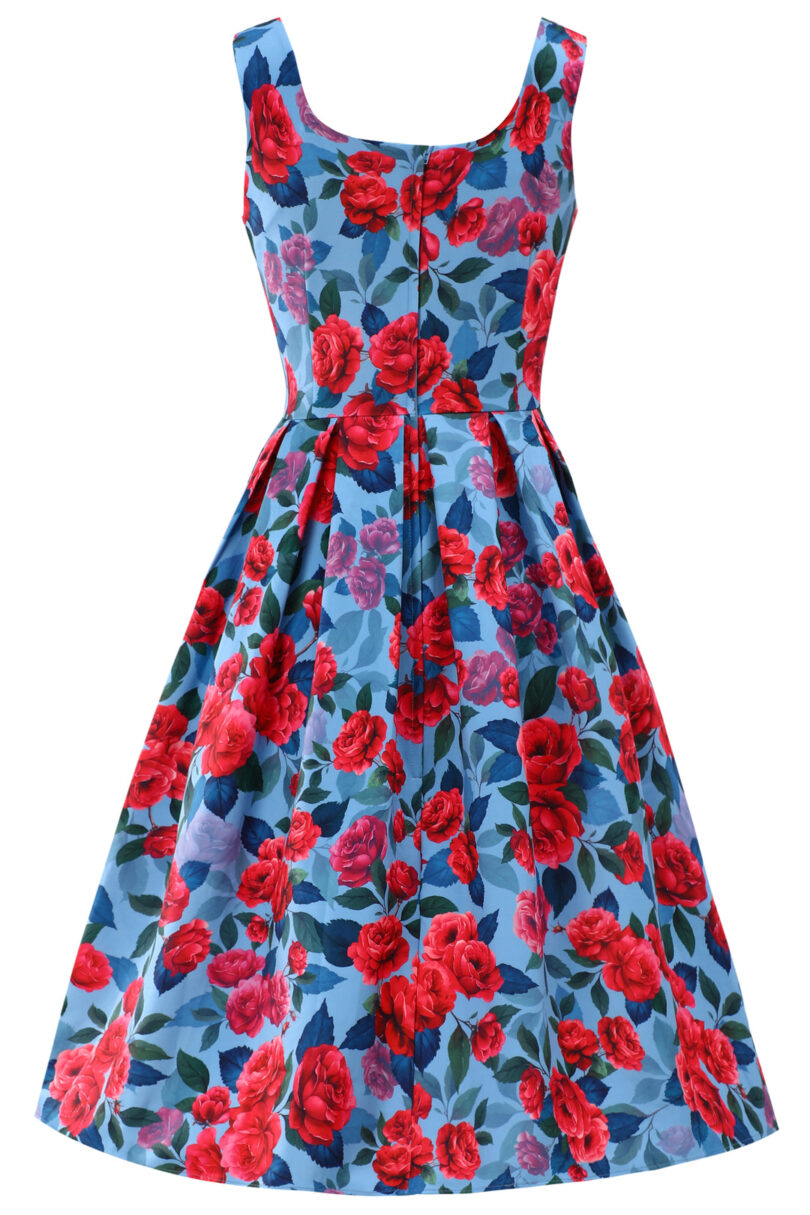 Amanda Pink Peony Flared Dress In Blue  Shop now at Kitty Darling