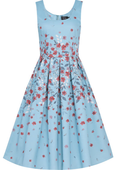 Amanda Blue Floral Midi Dress with Red Blossom Print – Dresses | Kitty Darling