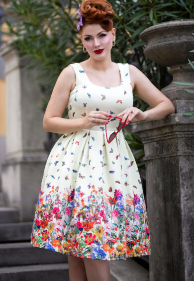 Amanda Light Yellow Scoop Neck Butterfly Print Swing Dress – Dresses With Pockets | Kitty Darling