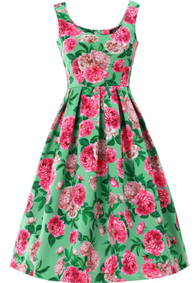 Amanda Pink Peony Flared Dress In Mint Green – Dresses | Kitty Darling