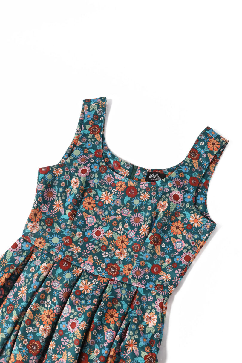 Amanda Peacock Blue Scoop Neck Retro Floral Print Dress  Shop now at Kitty Darling