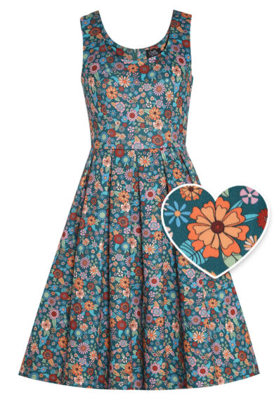 Amanda Peacock Blue Scoop Neck Retro Floral Print Dress – Dresses | Kitty Darling