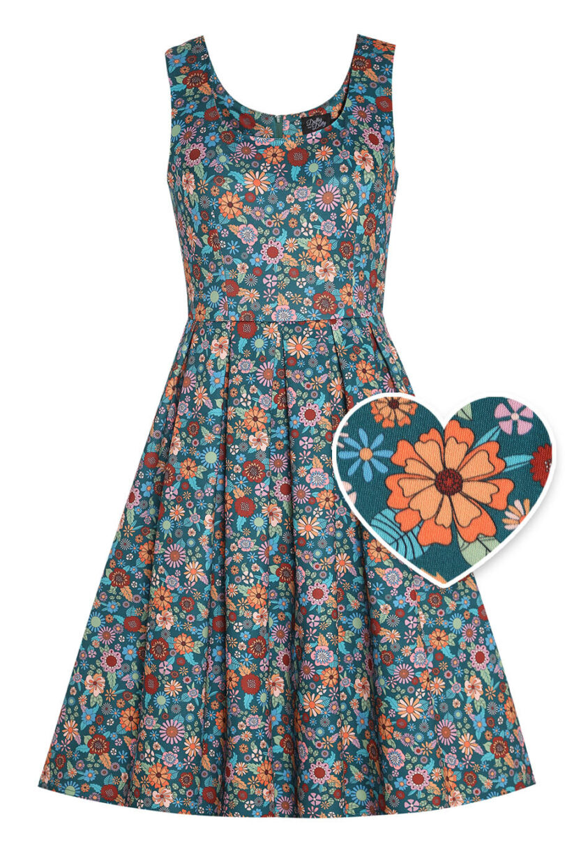 Amanda Peacock Blue Scoop Neck Retro Floral Print Dress  Shop now at Kitty Darling