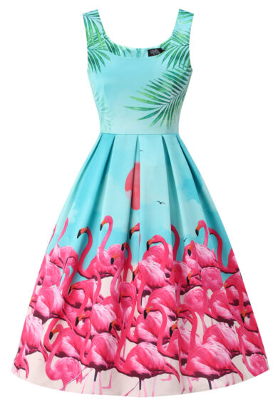 Amanda Turquoise 50s Inspired Flamingo Print Swing Dress – Dresses | Kitty Darling