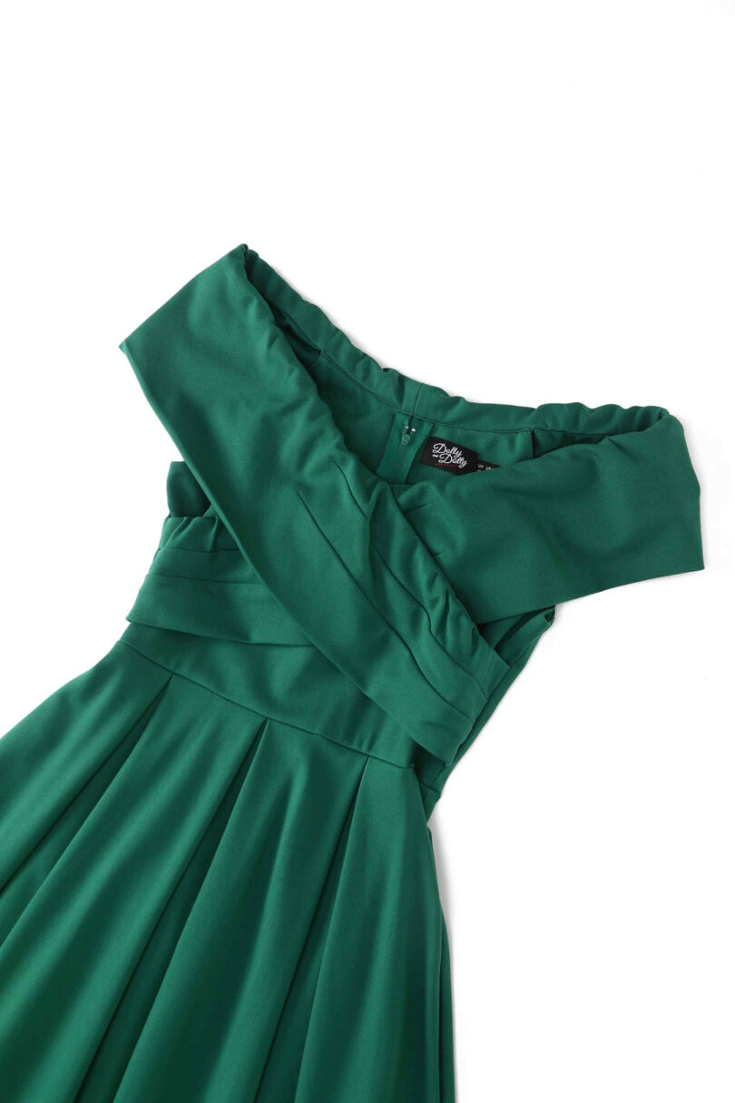 Beverly Emerald Green Cross-Over-Off-Shoulder Midi Dress  Shop now at Kitty Darling