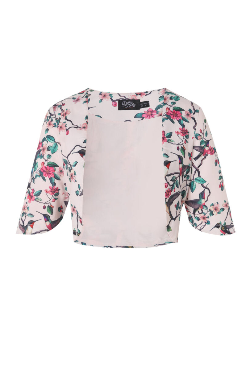 Lisette White Three-Quarter Sleeve Floral/Bird Print Bolero  Shop now at Kitty Darling