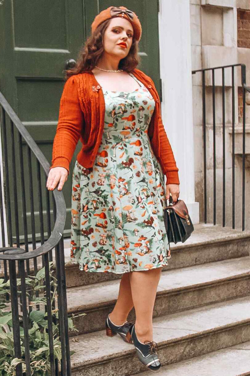 Claudia Cap Sleeved Dress in Mushroom, Squirrels Forest Print  Shop now at Kitty Darling