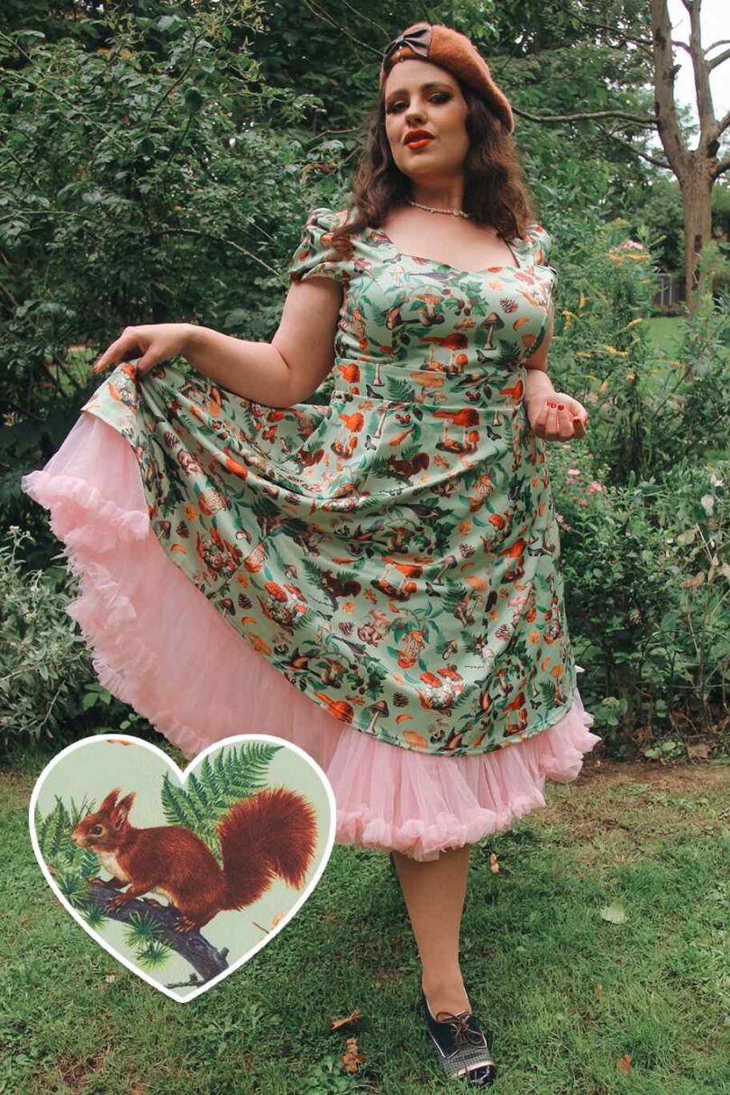 Claudia Cap Sleeved Dress in Mushroom, Squirrels Forest Print  Shop now at Kitty Darling