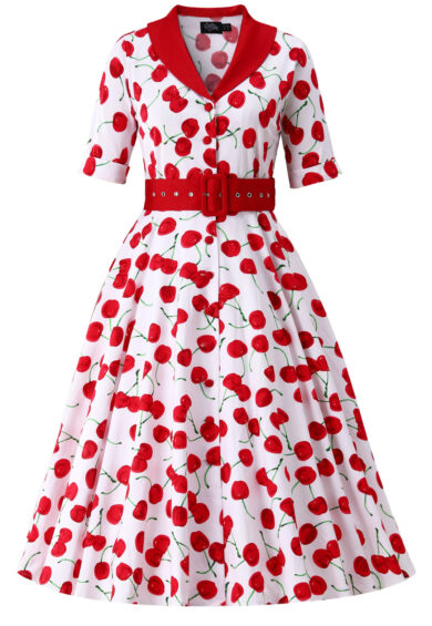 Mollie Cherry Full Circle Shirt Dress In White – Dresses | Kitty Darling