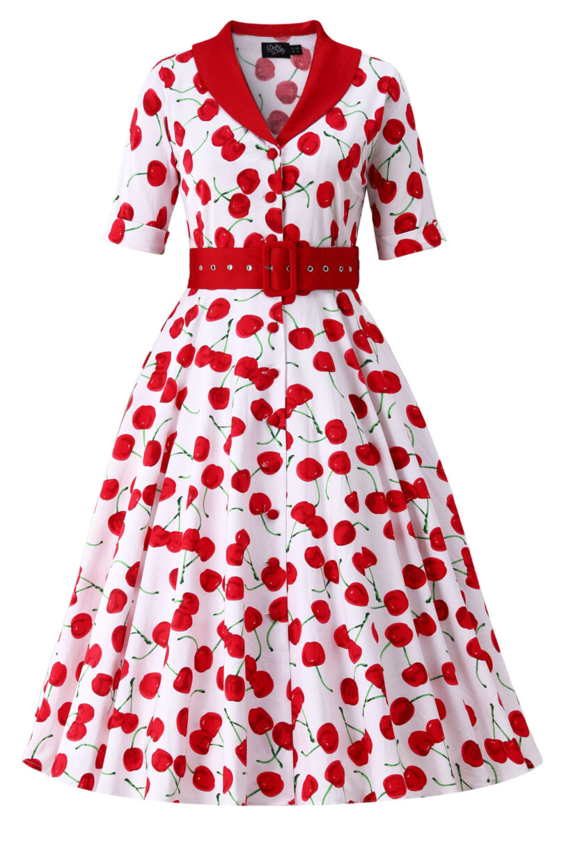Mollie Cherry Full Circle Shirt Dress In White  Shop now at Kitty Darling