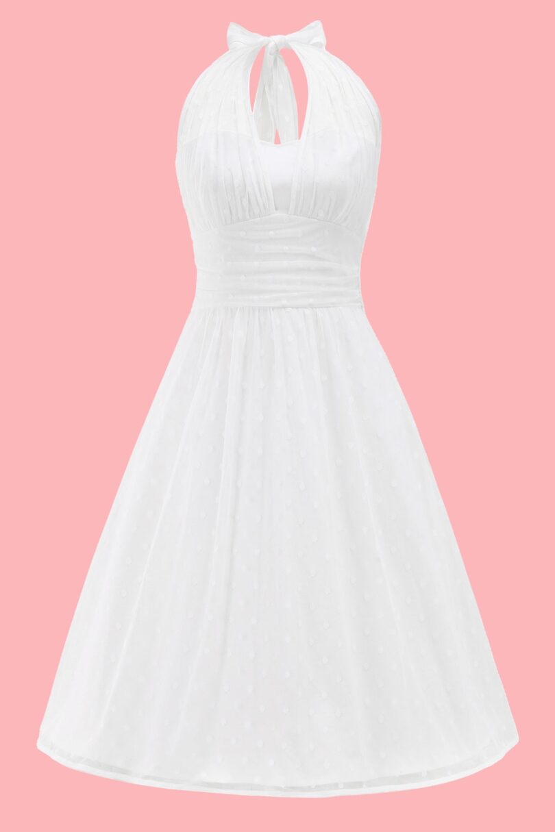 White Polka Dot Mesh Halter Dress  Shop now at Kitty Darling