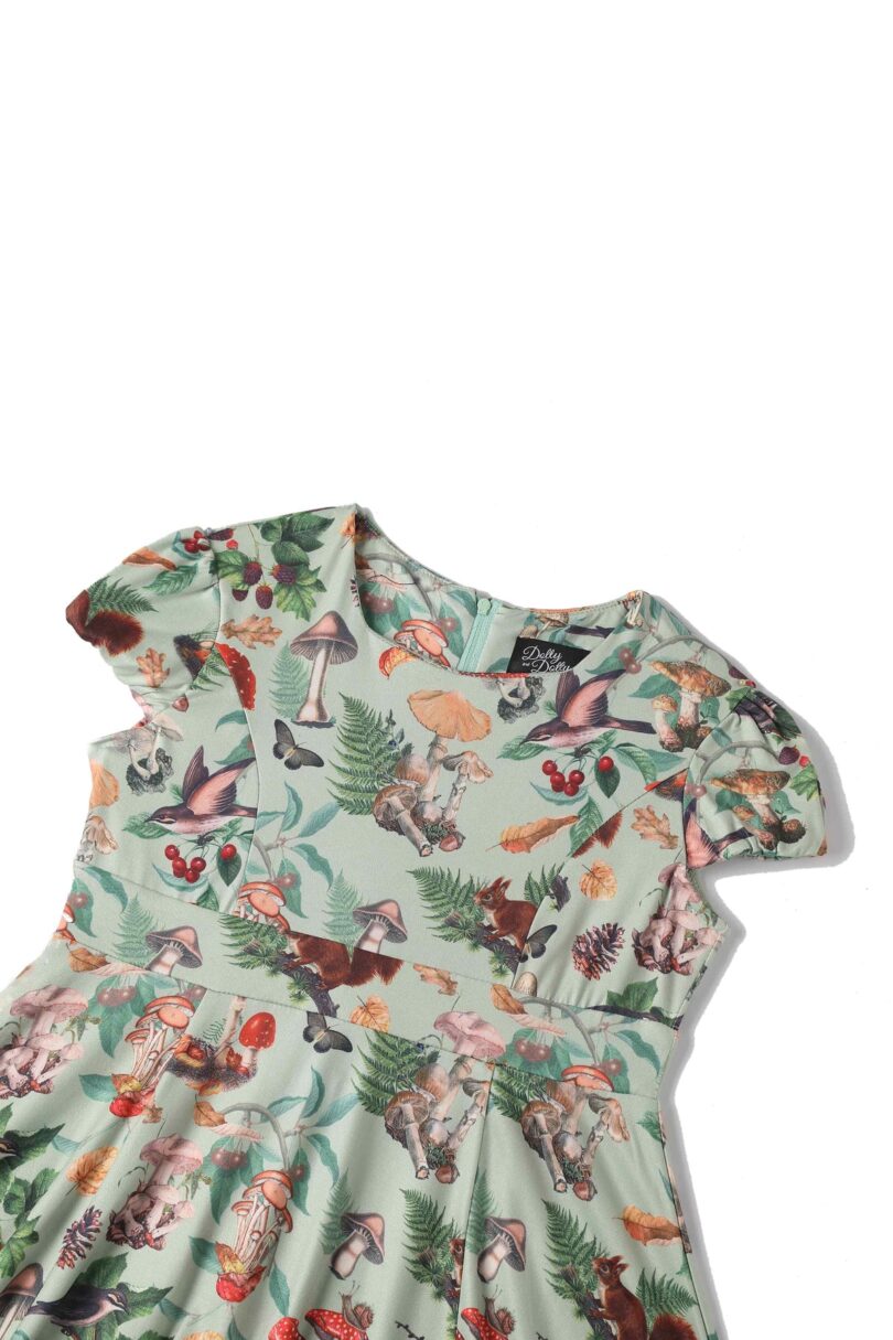 Claudia Cap Sleeved Dress in Mushroom, Squirrels Forest Print  Shop now at Kitty Darling