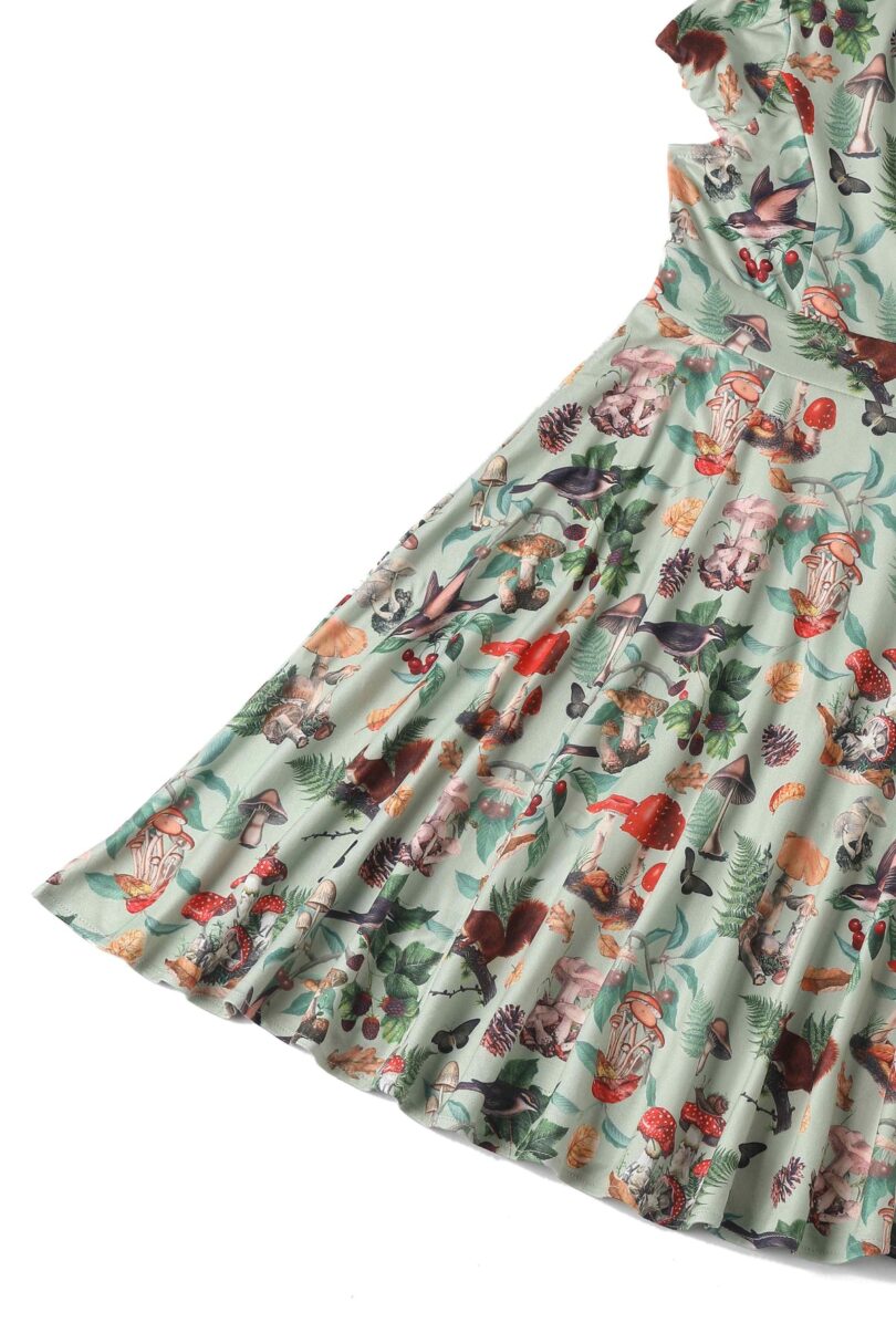 Claudia Cap Sleeved Dress in Mushroom, Squirrels Forest Print  Shop now at Kitty Darling