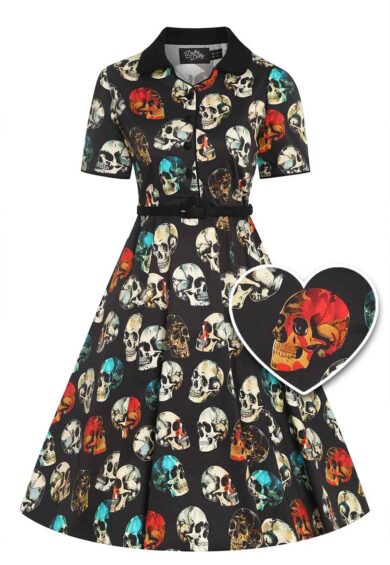 Penelope Rockabilly Black Skull Print Shirt Dress – Dresses | Kitty Darling