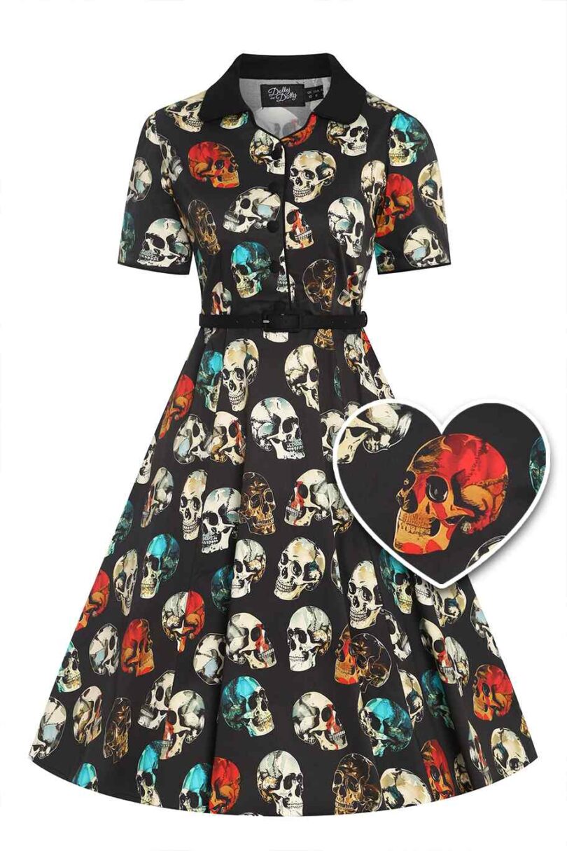 Penelope Rockabilly Black Skull Print Shirt Dress  Shop now at Kitty Darling