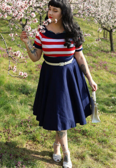 Darlene Retro Swing Dress in Navy with Red & White Stripes – Dresses | Kitty Darling