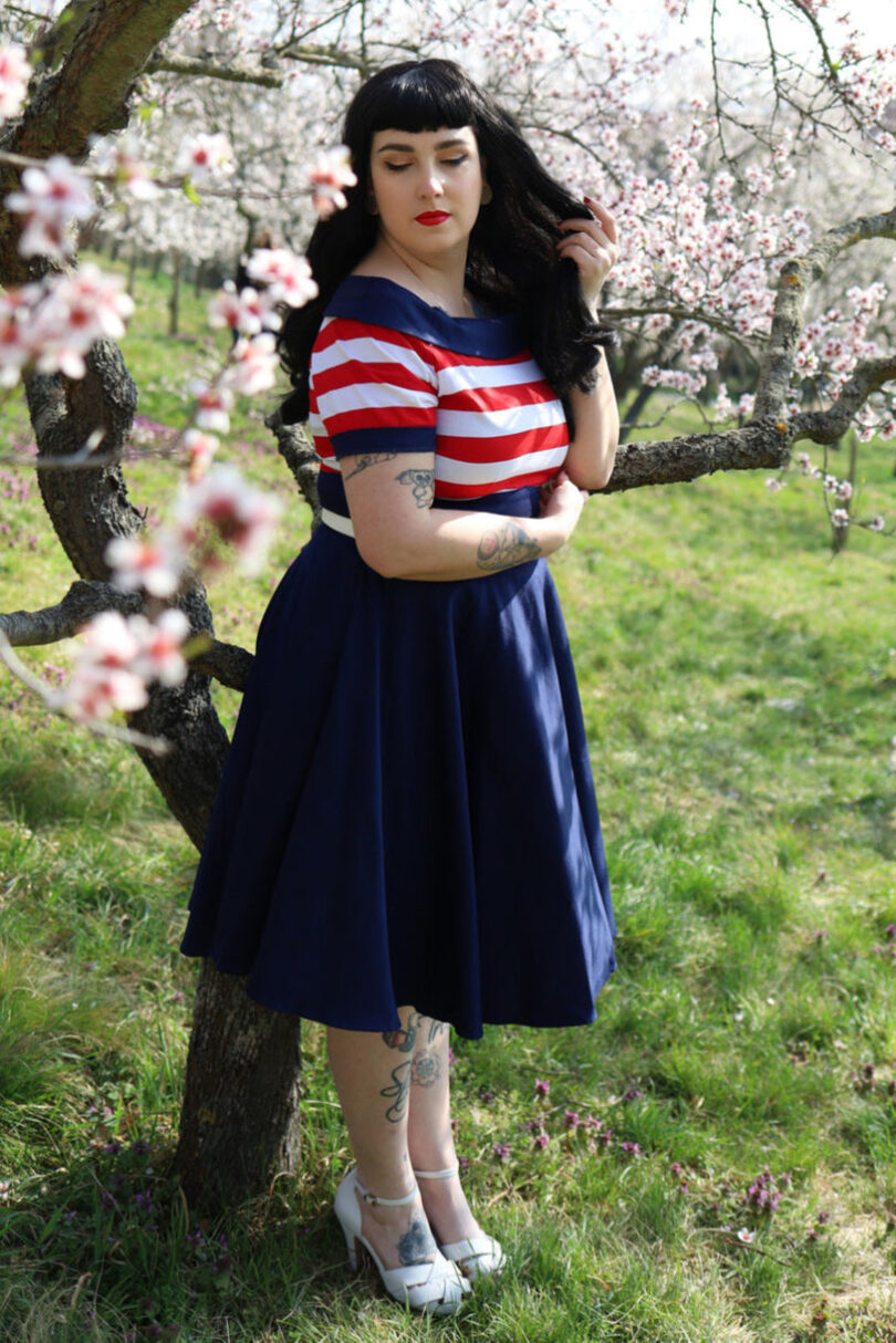 Darlene Retro Swing Dress in Navy with Red & White Stripes  Shop now at Kitty Darling
