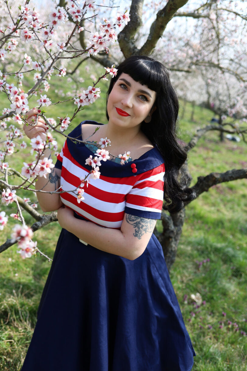Darlene Retro Swing Dress in Navy with Red & White Stripes  Shop now at Kitty Darling