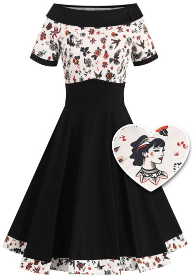 Darlene Black Rockabilly Tattoo Print Swing Dress – 50s Dresses | Kitty Darling